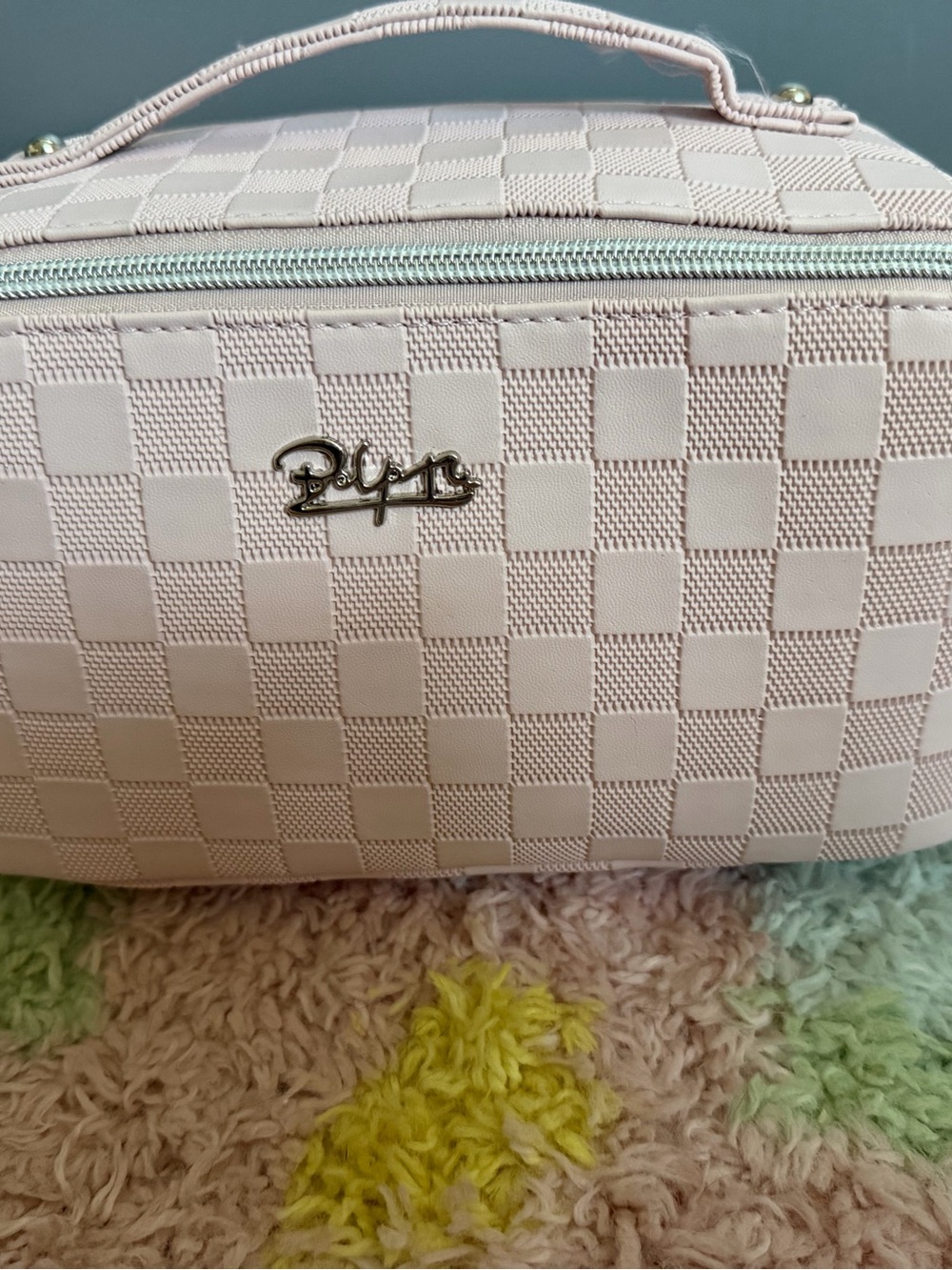 Piper Blush Pink Checkered Cosmetic Case with Top Handle